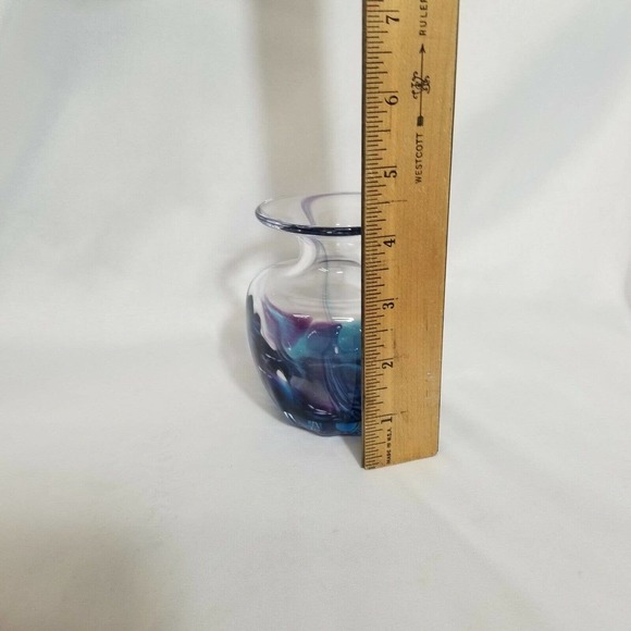 Jerpoint Glass Studio Ireland Hand Blown Purple Blue Swirl 4" Glass Vase - Picture 9 of 9